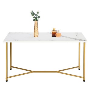 HODELY Single Layer 1.5cm Thick Density Board Imitation Marble Square Table Top Gold Foot Iron Coffee Table White