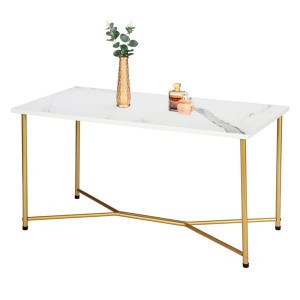 HODELY Single Layer 1.5cm Thick Density Board Imitation Marble Square Table Top Gold Foot Iron Coffee Table White