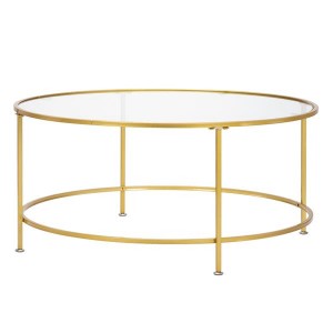 HODELY 36" Golden 2 Layers 5mm Thick Tempered Glass Countertop Round Wrought Iron Coffee Table