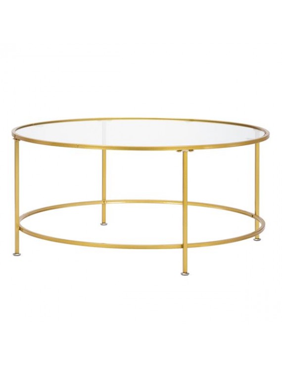 Hodely 36 Golden 2 Layers 5mm Thick, Round Glass Wrought Iron Coffee Table